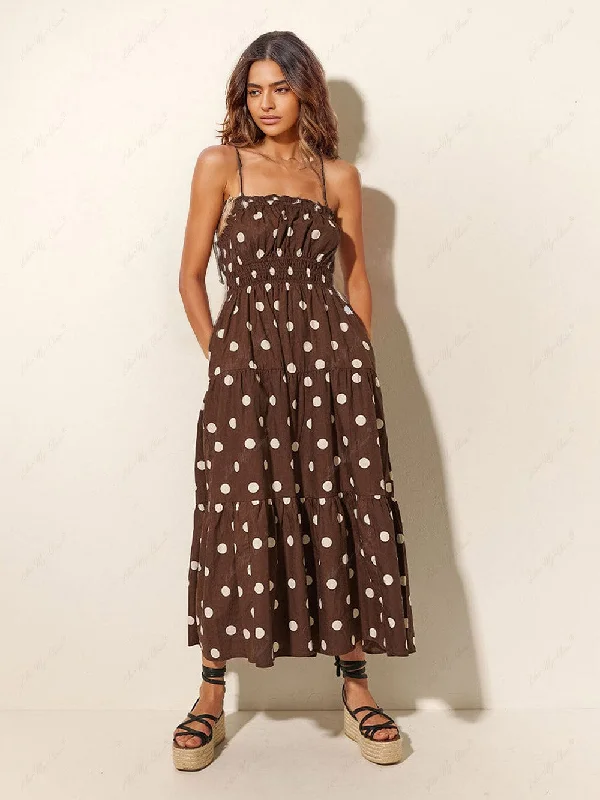 Women's Evening Wear Attire Chocolate And Ivory Polka Dot Trendy Print Pleated Elastic Strap Dress