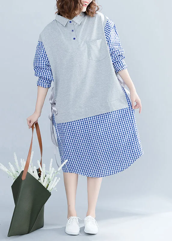 Vintage-Inspired Garments French Blue Plaid Cotton O fashion Tutorials Stand Collar Tie Waist Cotton Summer Dresses