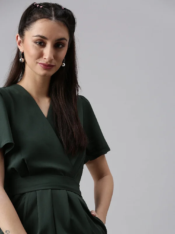 Women's Elegant Evening Outfit Women V-Neck Solid Green Basic Jumpsuit-SH-3560-Green