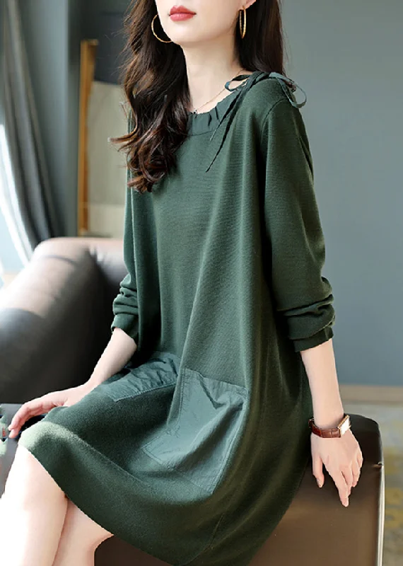 Women's Plus-Size Casual Outfit Fashion Blackish Green Oversized Drawstring Cotton Dress Spring