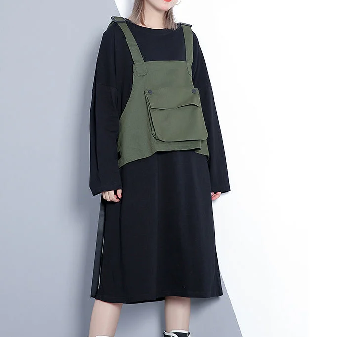 Women's Travel Outfit Set Elegant army green fall Loose fitting casual dress false two pieces 2018 O neck dress