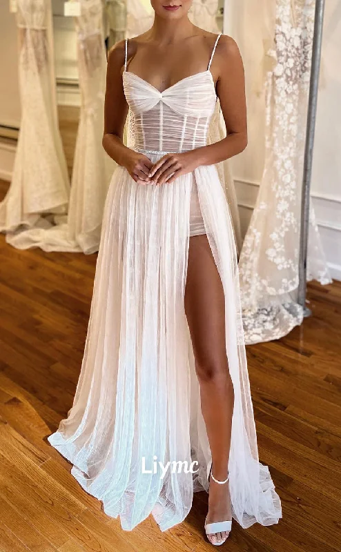 Women's Travel Garments LW040 - A Line Spaghetti Straps Side Slit Boho Wedding Dress