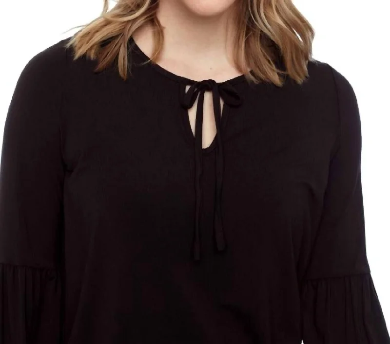 Women's Outerwear Garments Bamboo Knit Long Sleeve Tie Neck Top In Black