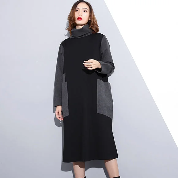 Women's Stylish Casual Garments women black oversize traveling clothing patchwork vintage high neck side open clothing dress