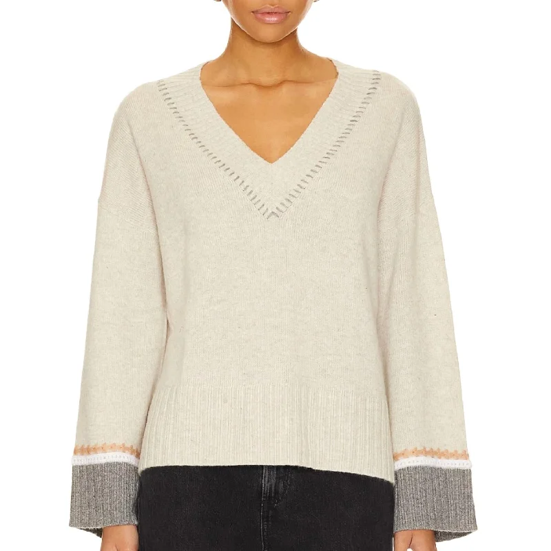 Women's Fashionable Attire For Work Oversized Vee Neck Crochet Sweater In Mojave/neutral Combo