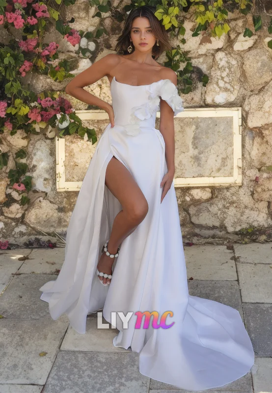 Women's Vacation Garments LW454 - Simple Off-Shoulder Floral Embellished Sleek Satin High Slit Beach Wedding Dress