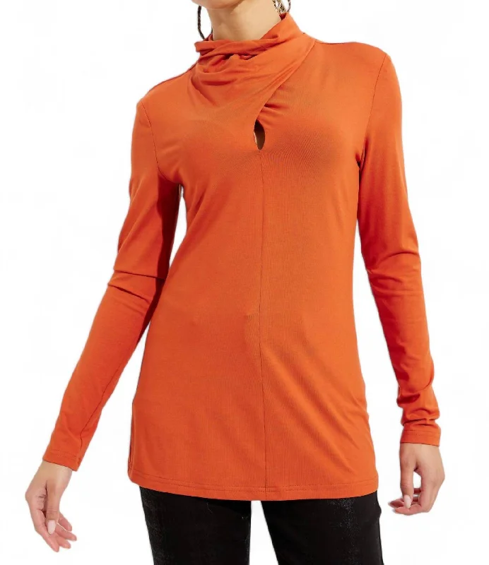 Women's Casual Outfit Mock Neck Long Sleeve Top In Tandoori