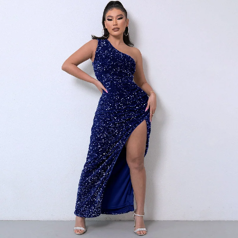 Modern Women's Outfit Shimmery Sequin High Split One Shoulder Gown Maxi Dress - Royal Blue