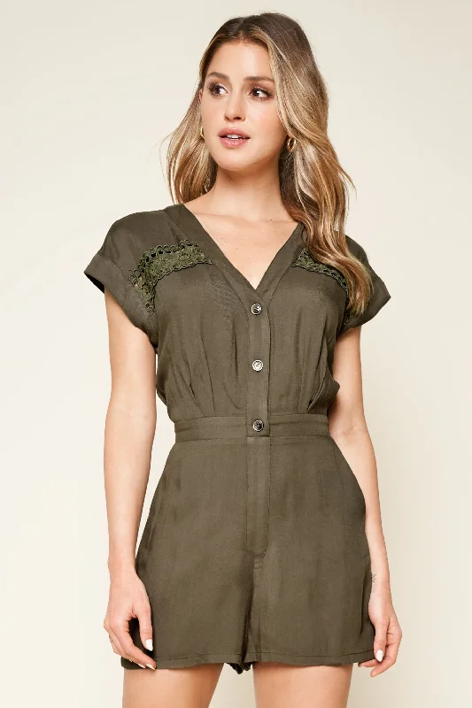 Women's High-Fashion Outfit Explorer Olive Lace Inset Romper