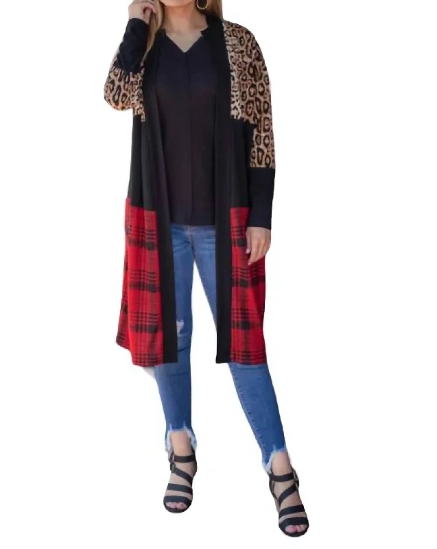 Women's Stylish Casual Garments Chill Adulting With Leopard & Plaid Cardigan In Multi Color