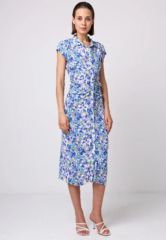 Women's Formal Event Outfit Front Ruched Midi Shirt Dress In Floral Print