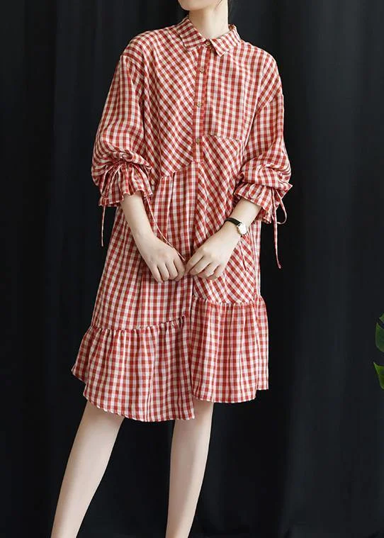 Comfortable Outfit For Women DIY lapel asymmetric Cotton dresses Fashion Ideas red Plaid Dress fall