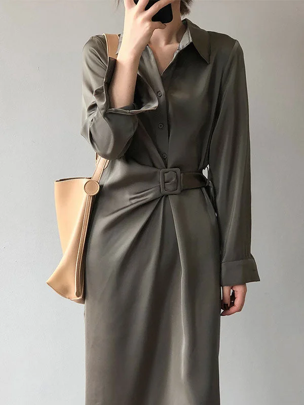 Women's Vacation Attire Satin Belted Long Sleeve Shirt Midi Dress