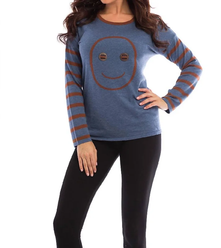 Women's Seasonal Attire Wood Button Smiley Face Pullover In Denim/mocha