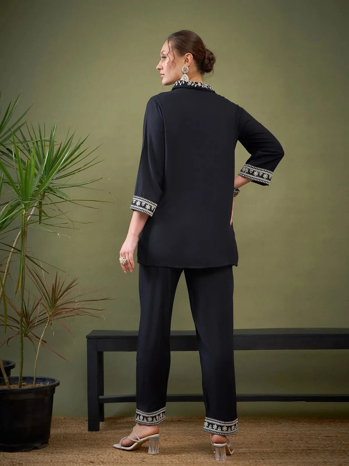 Casual Outfit For Women Women Black Embroidered Shirt With Palazzos