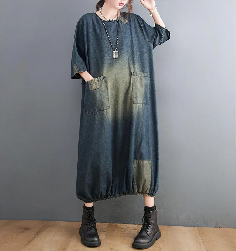 Vintage-Inspired Garments Loose Large Pocket Patchwork Denim Midi Dresses