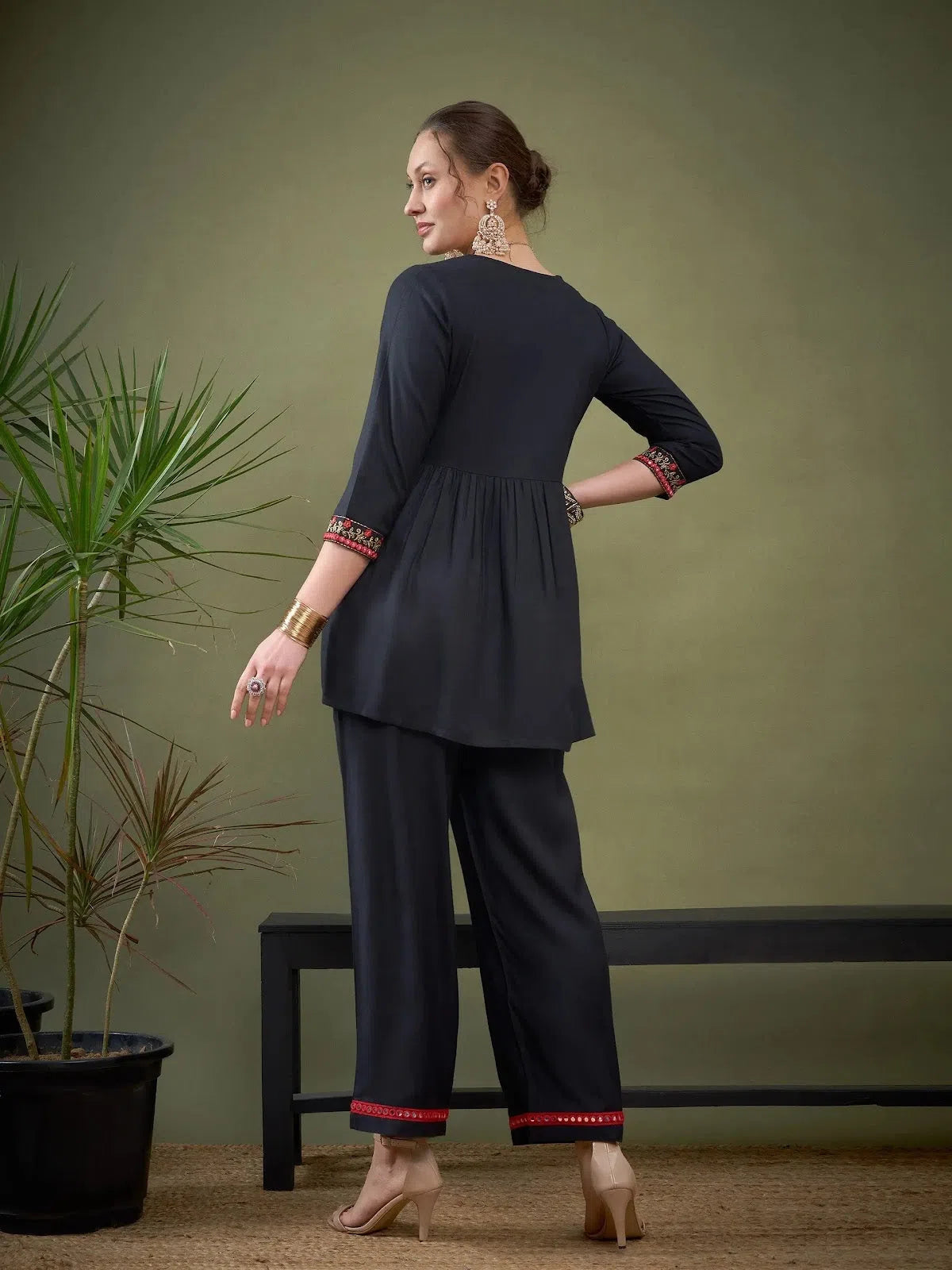 Women's Professional Outfit Women Black Peplum Embroidered Top With Palazzos