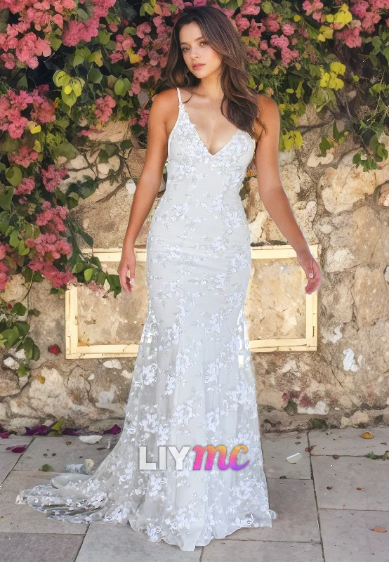 Women's Cozy Winter Attire LW071 - Mermaid/Trumpet V Neck Spaghetti Straps Lace Satin Long Wedding Dress