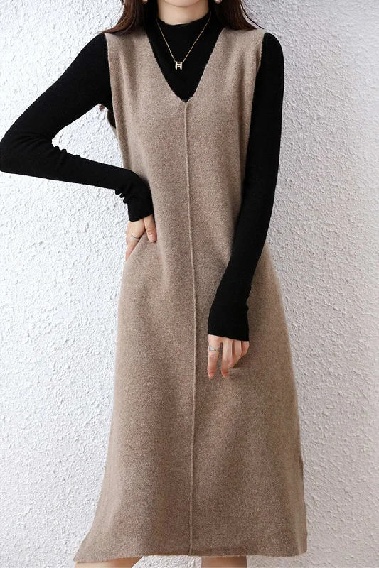 Women's Outfit For The Office V Neck Solid Color Wool Tank Dress