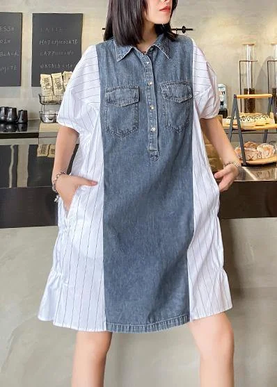 Women's Evening Attire Style lapel quilting dresses Runway white striped patchwork denim Dresses