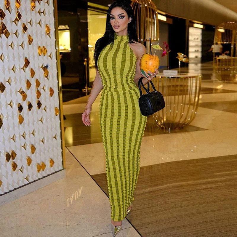 Women's Plus-Size Attire Popcorn Striped High Neck Sleeveless Bodycon Maxi Dress - Green