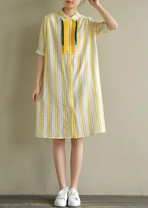 Elegant Women's Attire Handmade yellow striped linen Robes lapel Button Down Plus Size summer Dress