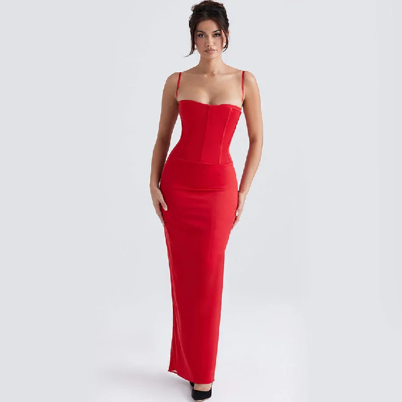 Women's Relaxed Outfit Sleeveless Corset Evening Maxi Dress - Red