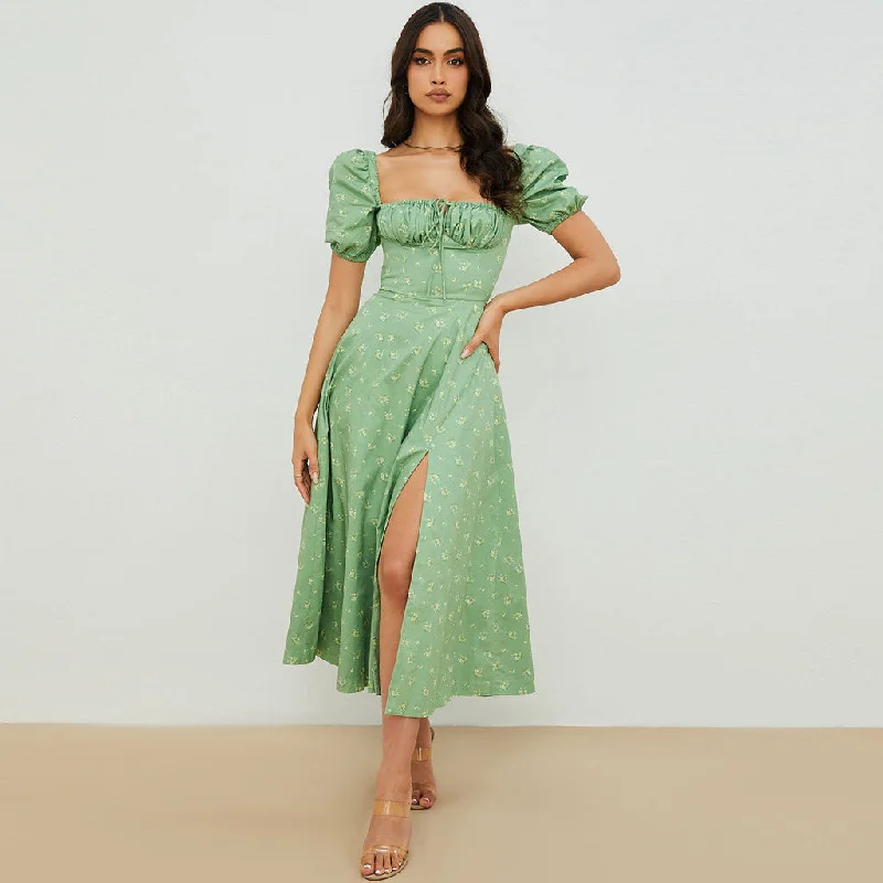 Vintage-Inspired Garments Daisy Printed Puff Sleeve High Slit Smock Maxi Sundress - Sage Green