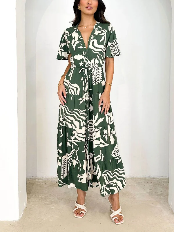 Women's Relaxed Outfit Short Sleeve Resort Charming Print Midi Dress