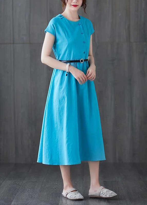 Affordable Women's Attire 100% blue linen dresses o neck patchwork Love summer Dresses