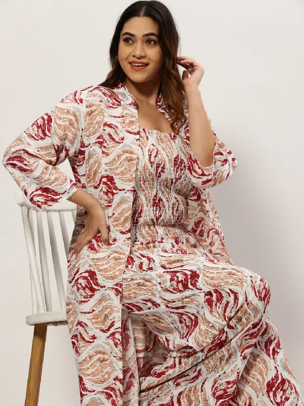 Women's Office Outfit Women Printed Shoulder Straps White Sleeveless Basic Jumpsuit-AE-15784-Whitemaroon