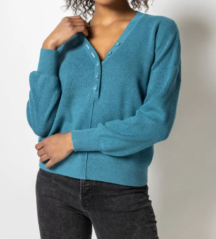 Modern Women's Outfit Easy Button Henley Sweater In Baltic Blue