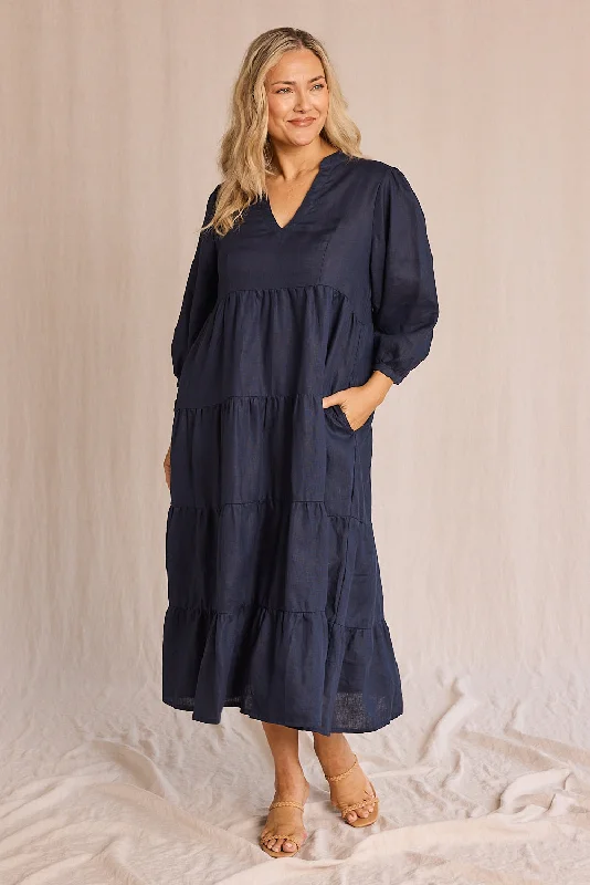 Women's Stylish Casual Garments Sabre Linen V-Neck Dress in Navy