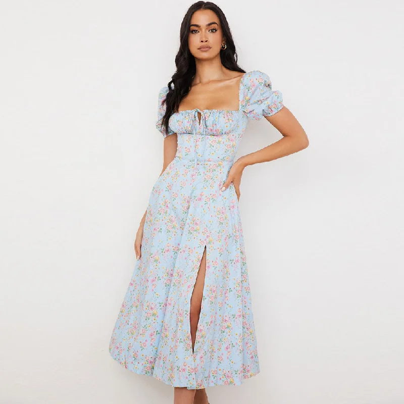 Women's Comfortable Garments Daisy Printed Puff Sleeve High Slit Smock Maxi Sundress - Light Blue