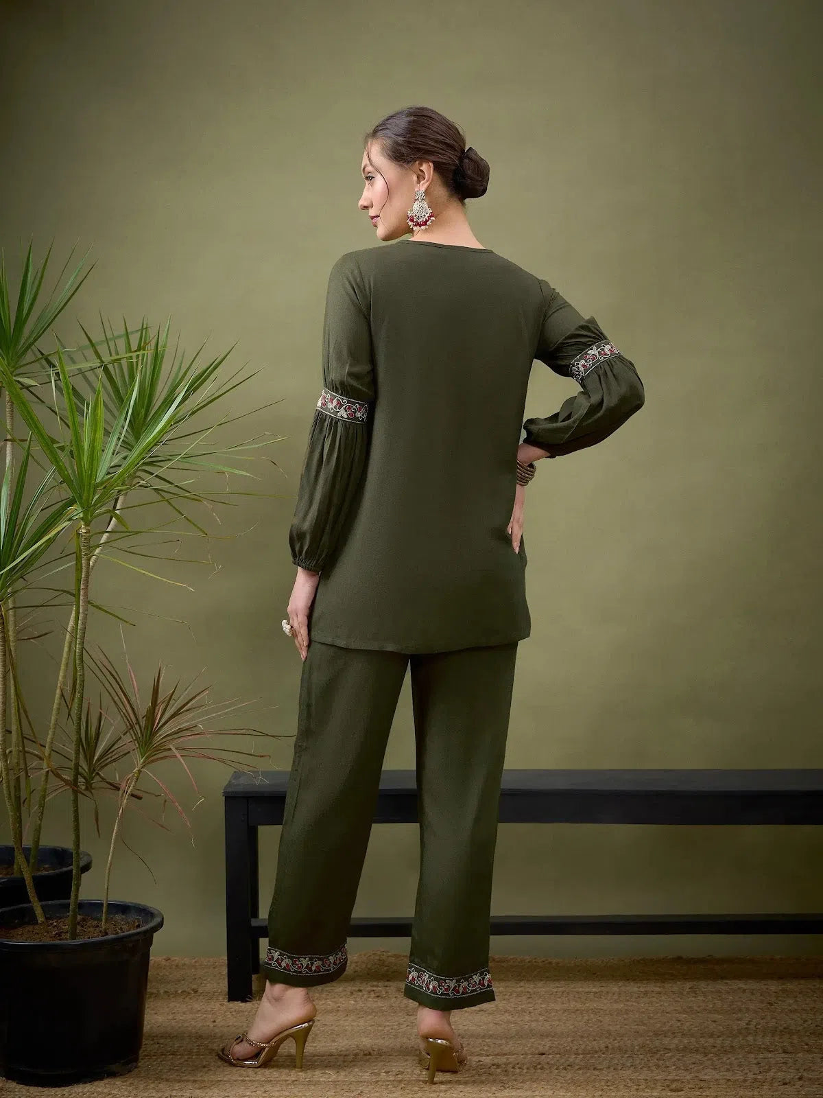 Chic Women's Outfit Women Olive Front Embroidered Shirt With Palazzos