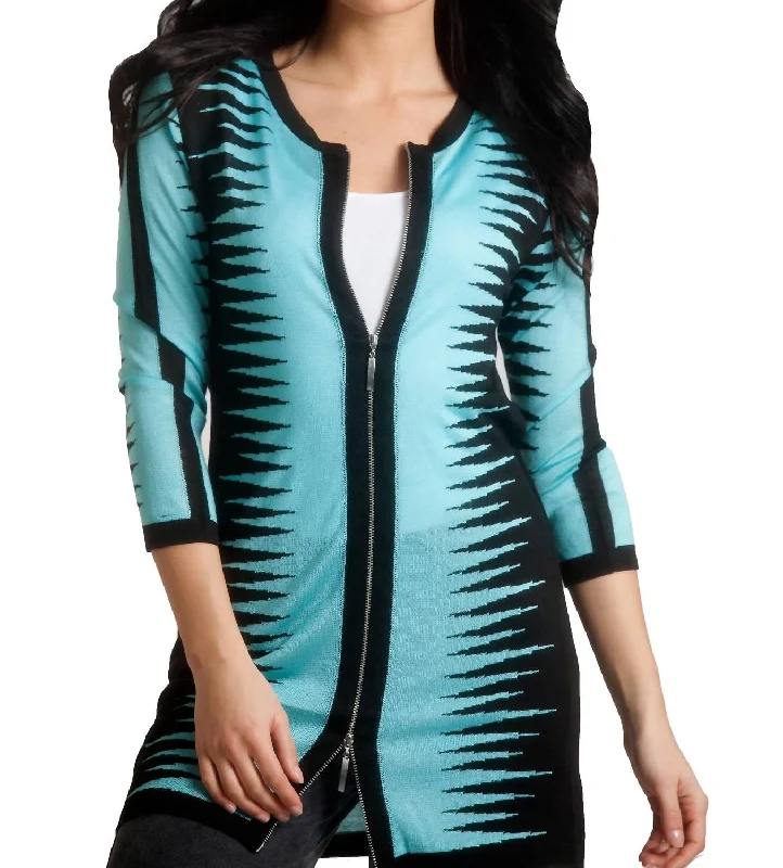 Women's Vacation Garments Zig-Zag Zip Long Cardigan In Black/aqua