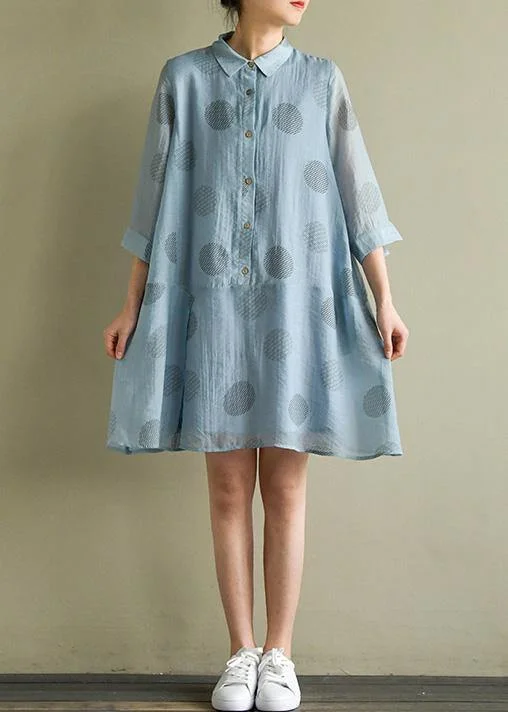 Women's Elegant Formal Outfit Chic blue dotted linen dress lapel half sleeve loose summer Dresses