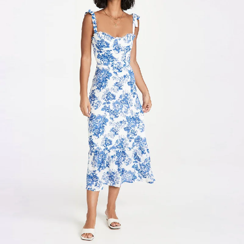 Women's Comfortable Lounge Outfit Summery Ruffle Trim Floral Printed Tie Strap Midi Sundress - Blue