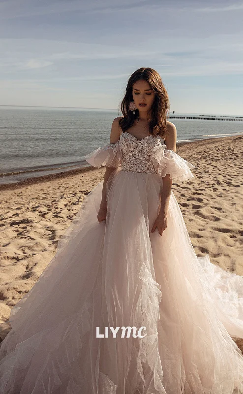 Women's Work Outfit LW215 - Off Shoulder Lace Pleated Tulle A Line Long Wedding Gown With Train