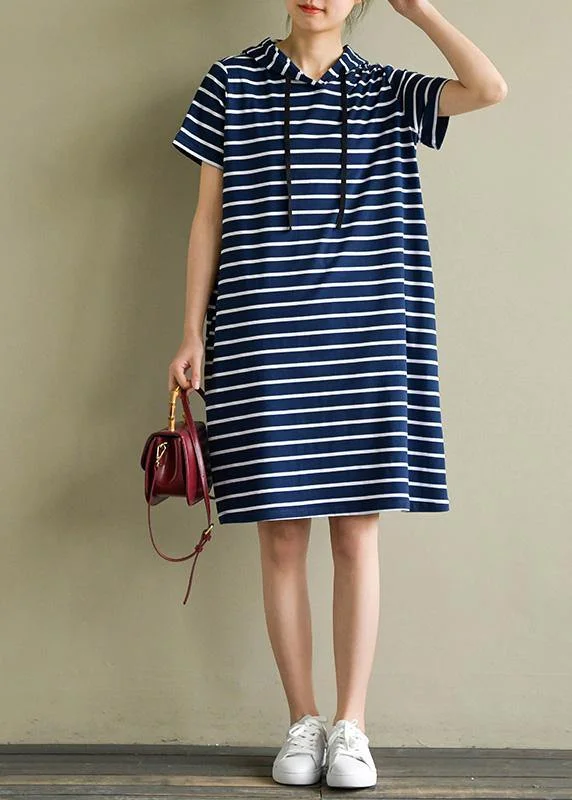 Timeless Women's Garments Elegant hooded drawstring Cotton quilting dresses Wardrobes navy striped Dresses summer