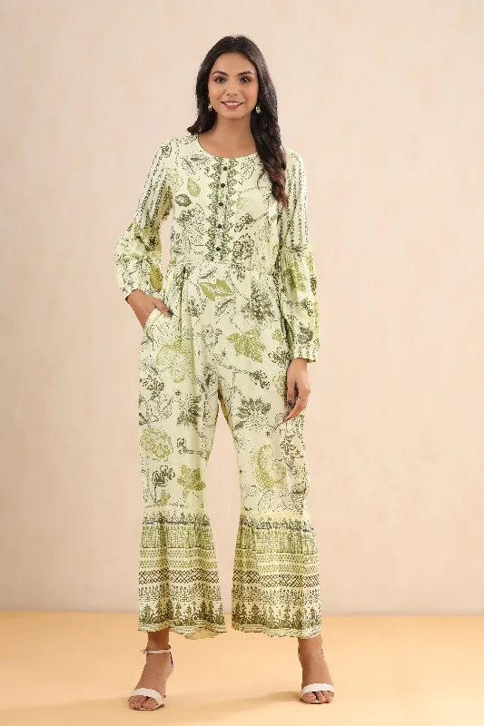 Women's Trendy Outfit Juniper Light Olive Floral Printed Rayon Jumpsuit.