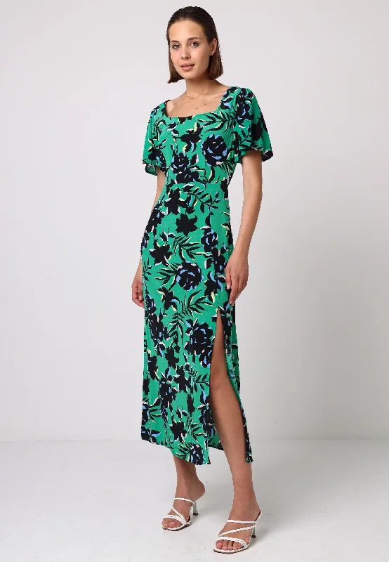 Women's Vacation Outfit Angel Sleeves Green Midi Dress With Side Slit In Black Floral Print