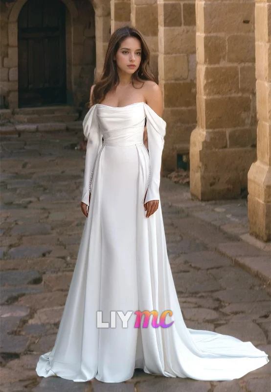 Women's Functional Outdoor Garments Off-Shoulder Long Sleeves Pleated Sleek Mermaid Sweep Train Wedding Dress