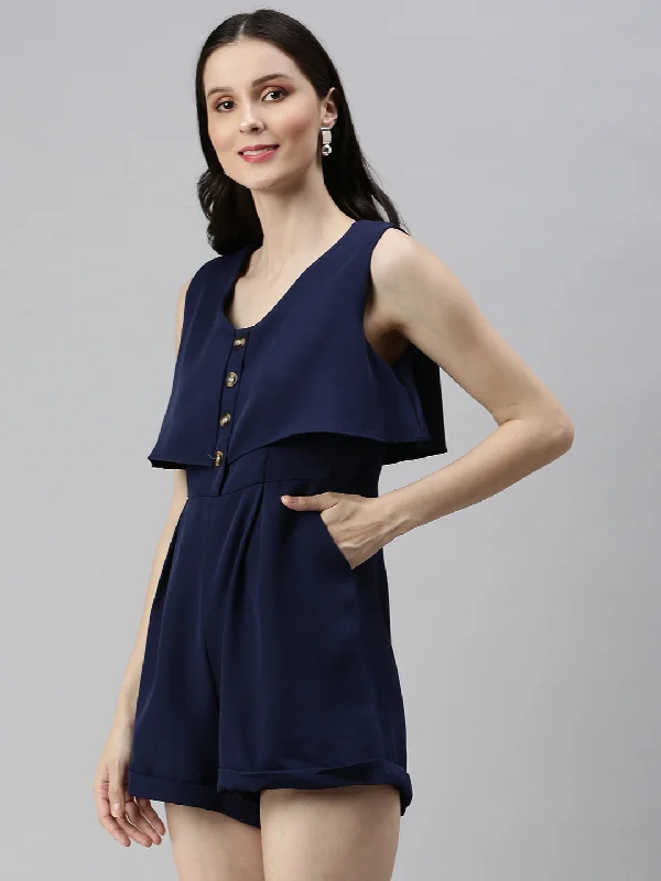 Women's Casual Outfit Women V-Neck Solid Navy Blue Playsuit-SH-7166-Navyblue