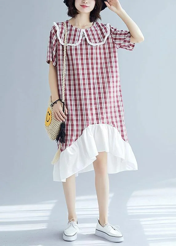 Women's Activewear Garments Chic patchwork linen clothes For Women Sleeve red plaid Dress summer