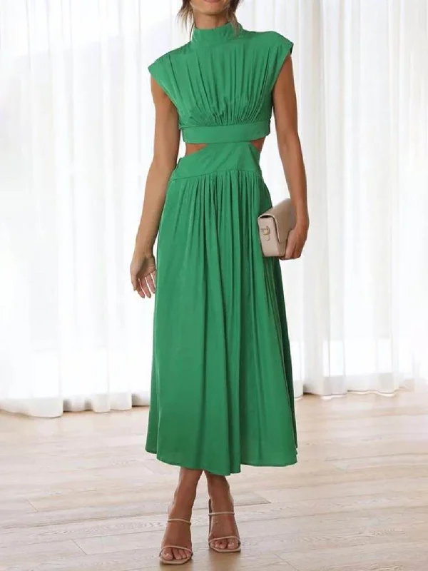 Timeless Women's Garments Cutout Waist Pocketed Charming Vacation Midi Dress