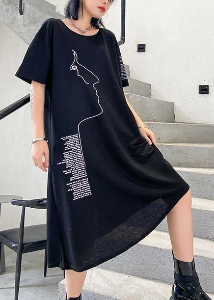 Women's Garments Organic black print Cotton o neck asymmetric oversized summer Dresses