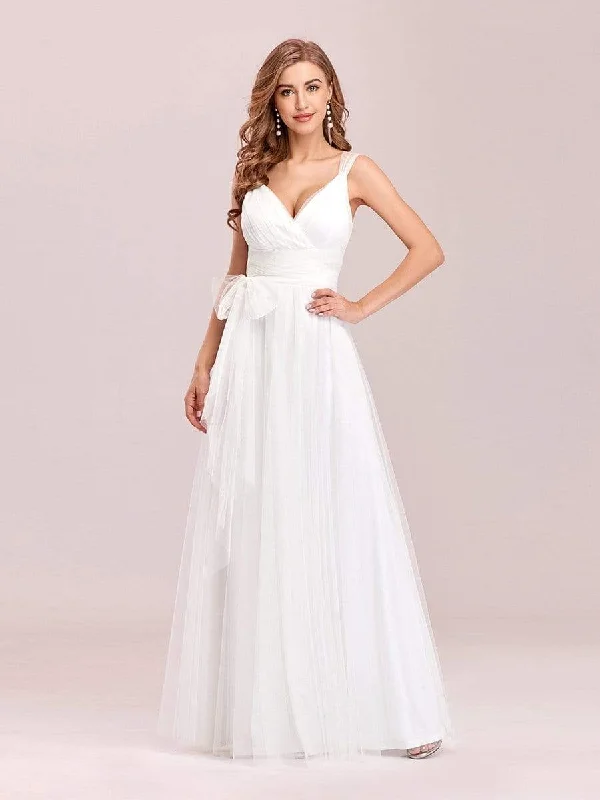 Women's Evening Outfit Floor Length Double V Neck Tulle Wedding Dresses