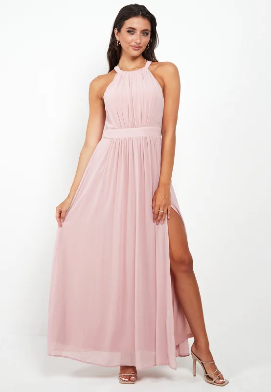 Women's Weekend Outfit Halter Neck Maxi Dress With Leg Slit In Pink