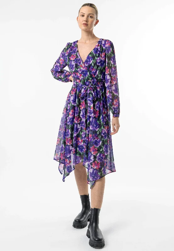 Women's Charming Outfit For Events Faux Wrap Bias Hem Midi Dress in Purple Floral Print